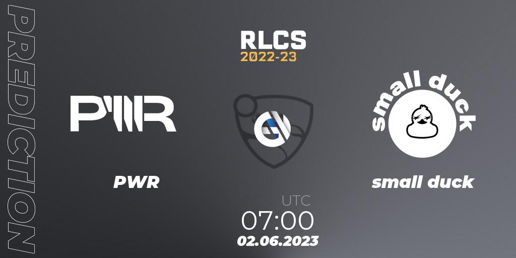 Pronósticos PWR - small duck. 02.06.2023 at 07:00. RLCS 2022-23 - Spring: Oceania Regional 3 - Spring Invitational - Rocket League