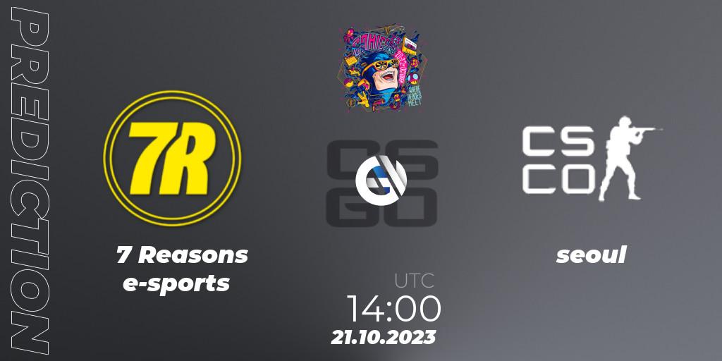 Pronósticos 7 Reasons e-sports - seoul. 21.10.2023 at 14:00. Comic Con Baltics 2023 - Counter-Strike (CS2)