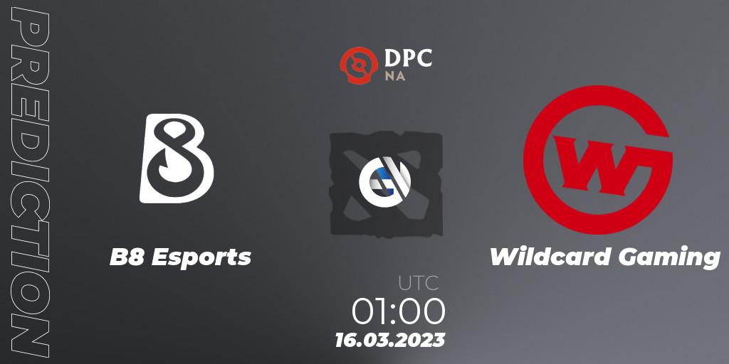 Pronósticos B8 Esports - Wildcard Gaming. 16.03.2023 at 02:07. DPC 2023 Tour 2: NA Division I (Upper) - Dota 2