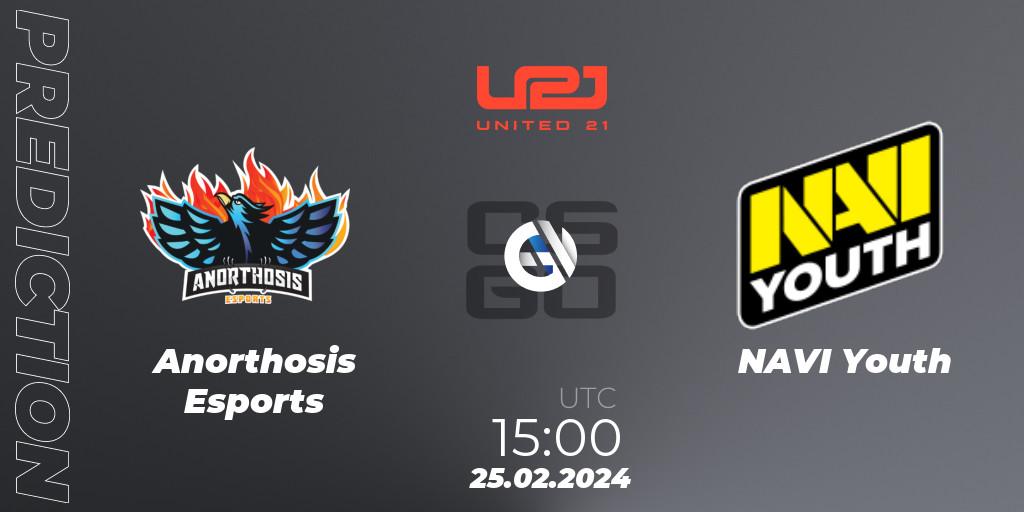 Pronósticos Anorthosis Esports - NAVI Youth. 25.02.2024 at 15:00. United21 Season 11: Division 2 - Counter-Strike (CS2)