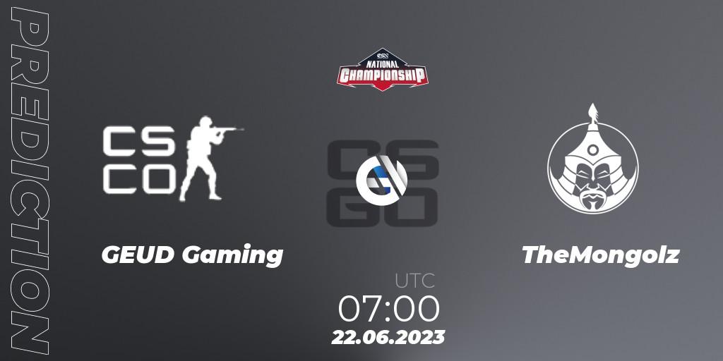Pronósticos GEUD Gaming - TheMongolz. 22.06.2023 at 07:00. ESN National Championship 2023 - Counter-Strike (CS2)