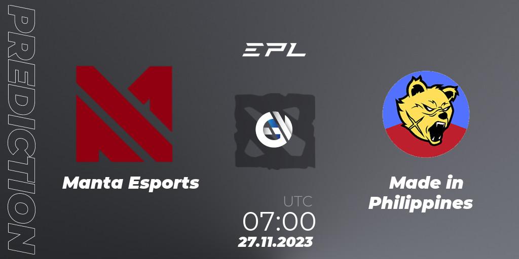 Pronósticos Manta Esports - Made in Philippines. 27.11.2023 at 07:00. EPL World Series: Southeast Asia Season 1 - Dota 2