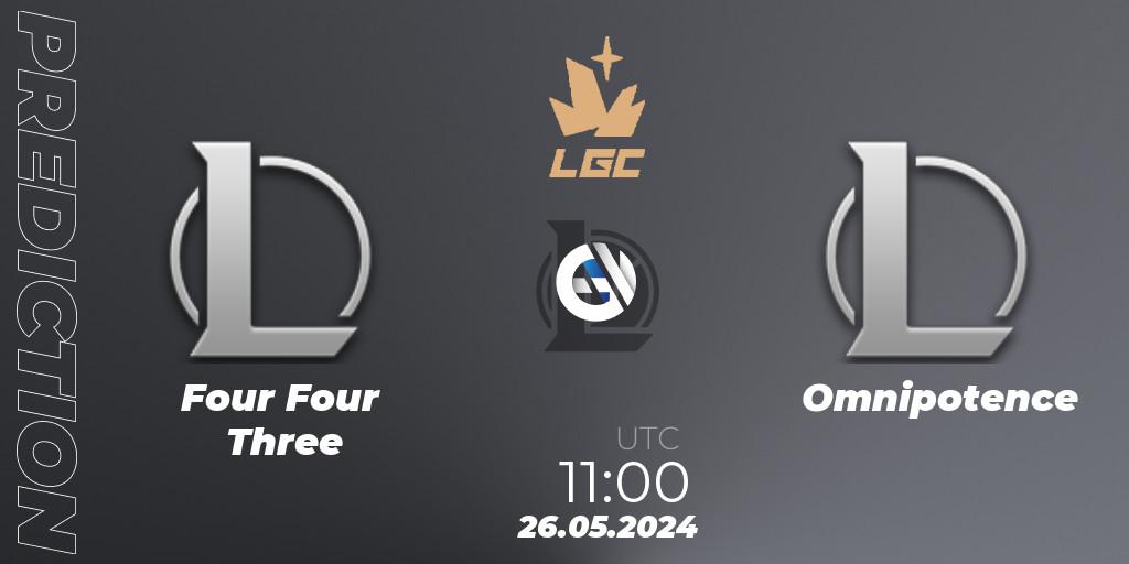 Pronósticos Four Four Three - Omnipotence. 26.05.2024 at 11:00. Legend Cup 2024 - LoL