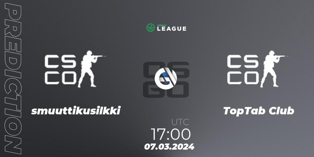 Pronósticos smuuttikusilkki - TopTab Club. 07.03.2024 at 17:00. ESEA Season 48: Main Division - Europe - Counter-Strike (CS2)