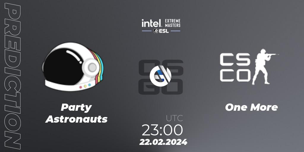 Pronósticos Party Astronauts - One More. 22.02.2024 at 23:10. Intel Extreme Masters Dallas 2024: North American Open Qualifier #1 - Counter-Strike (CS2)