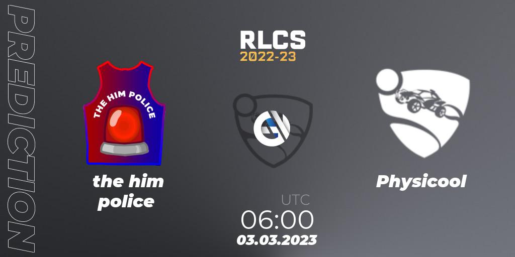 Pronósticos the him police - Physicool. 03.03.2023 at 06:00. RLCS 2022-23 - Winter: Oceania Regional 3 - Winter Invitational - Rocket League