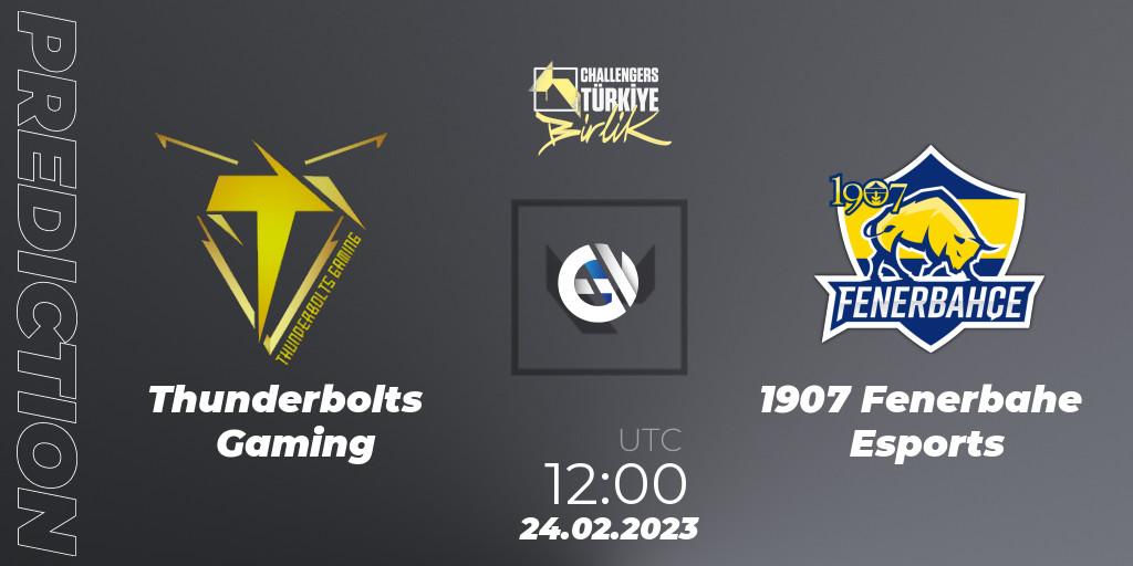 Pronósticos Thunderbolts Gaming - 1907 Fenerbahçe Esports. 24.02.2023 at 12:00. VALORANT Challengers 2023 Turkey: Birlik Split 1 - VALORANT