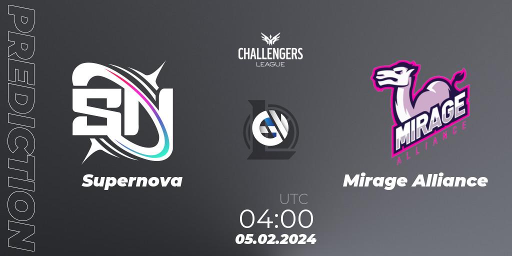 Pronósticos Supernova - Mirage Alliance. 05.02.2024 at 04:00. NACL 2024 Spring - Group Stage - LoL