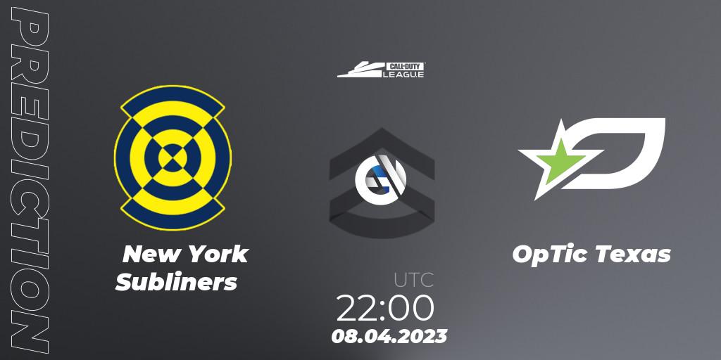 Pronósticos New York Subliners - OpTic Texas. 08.04.2023 at 22:00. Call of Duty League 2023: Stage 4 Major Qualifiers - Call of Duty