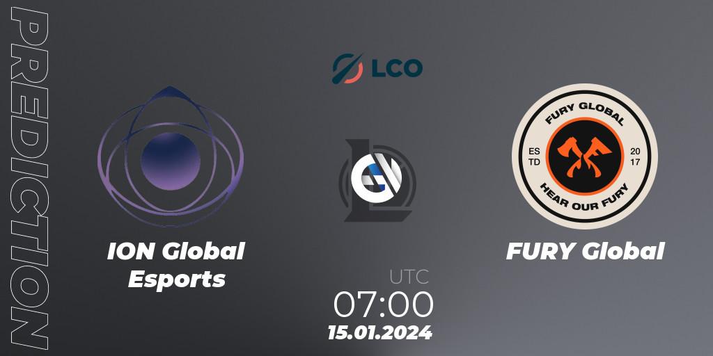 Pronósticos ION Global Esports - FURY Global. 15.01.2024 at 07:00. LCO Split 1 2024 - Group Stage - LoL