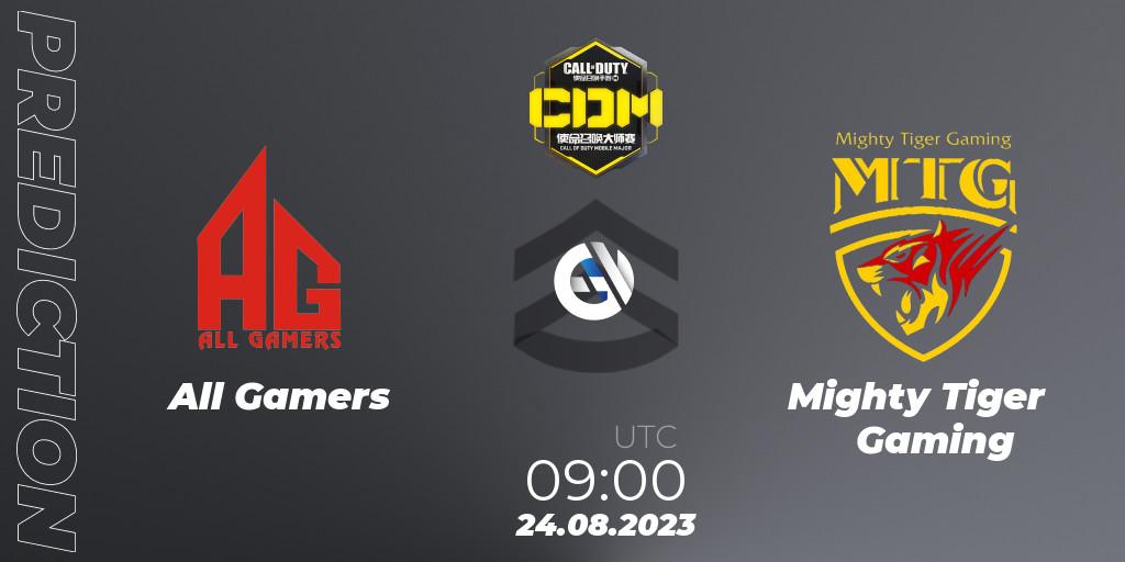 Pronósticos All Gamers - Mighty Tiger Gaming. 24.08.2023 at 09:00. China Masters 2023 S6 - Stage 2 - Call of Duty