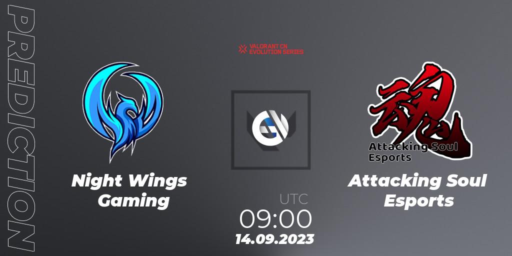 Pronósticos Night Wings Gaming - Attacking Soul Esports. 14.09.2023 at 09:00. VALORANT China Evolution Series Act 1: Variation - Play-In - VALORANT