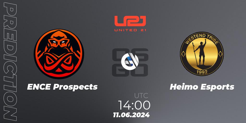 Pronósticos ENCE Prospects - Heimo Esports. 11.06.2024 at 14:00. United21 Season 14: Division 2 - Counter-Strike (CS2)