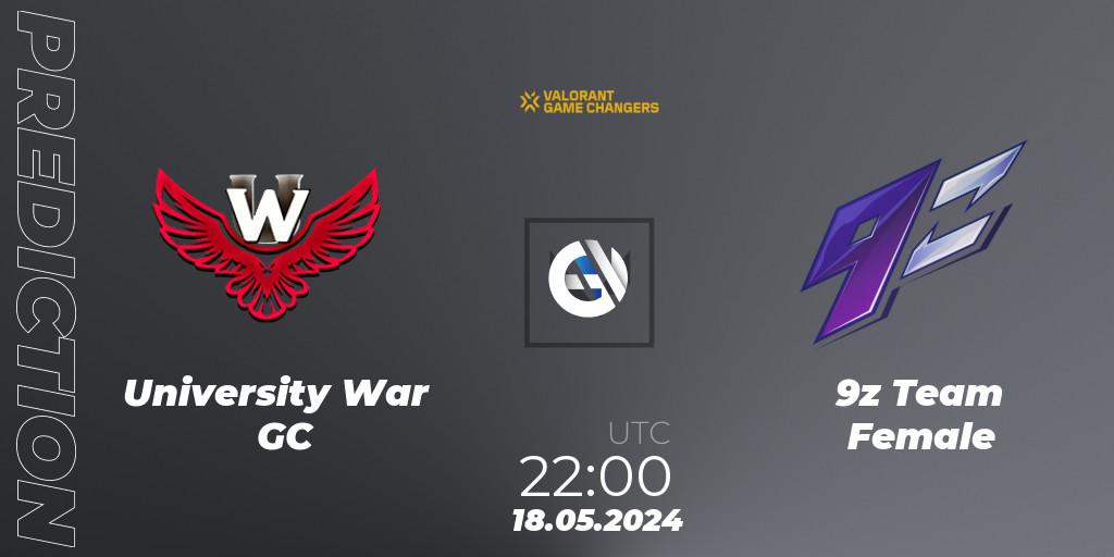 Pronósticos University War GC - 9z Team Female. 18.05.2024 at 22:00. VCT 2024: Game Changers LAS - Opening - VALORANT