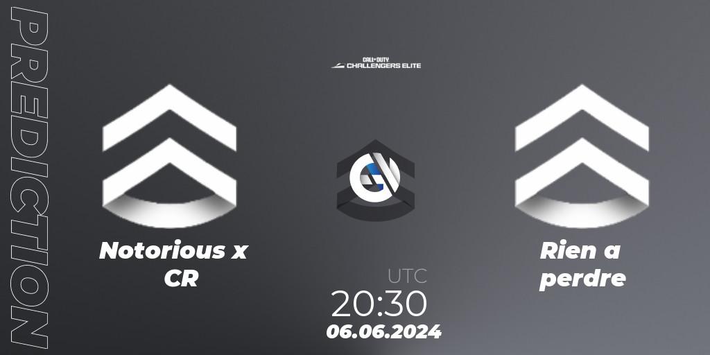 Pronósticos Notorious x CR - Rien a perdre. 06.06.2024 at 19:30. Call of Duty Challengers 2024 - Elite 3: EU - Call of Duty
