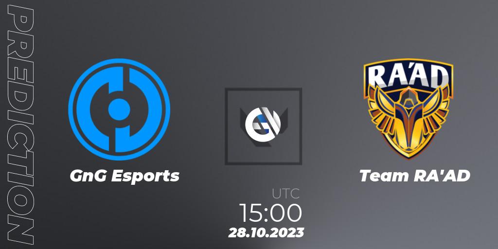 Pronósticos GnG Esports - Team RA'AD. 28.10.2023 at 16:20. Superdome 2023 Egypt - LE & NA Qualifier - VALORANT