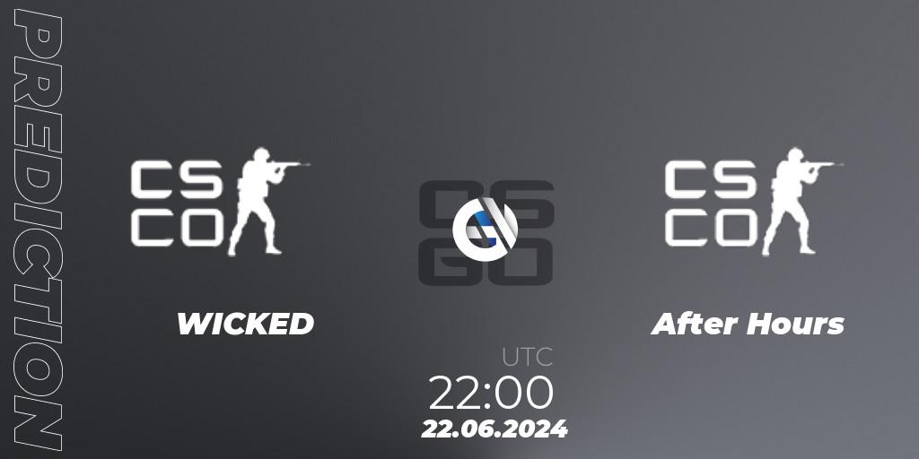 Pronósticos WICKED - After Hours. 22.06.2024 at 23:00. Fragadelphia Kansas City 2024 - Counter-Strike (CS2)
