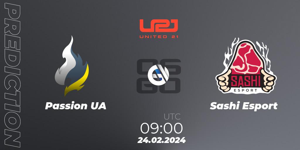 Pronósticos Passion UA - Sashi Esport. 24.02.2024 at 09:00. United21 Season 12 - Counter-Strike (CS2)