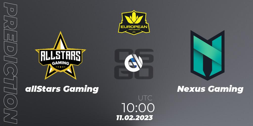 Pronósticos allStars Gaming - Nexus Gaming. 11.02.2023 at 10:00. European Pro League Season 6: Division 2 - Counter-Strike (CS2)