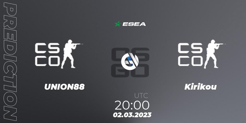 Pronósticos UNION88 - Kirikou. 02.03.2023 at 20:00. ESEA Season 44: Advanced Division - Europe - Counter-Strike (CS2)