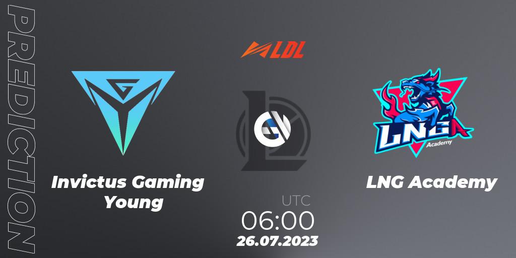 Pronósticos Invictus Gaming Young - LNG Academy. 26.07.2023 at 06:00. LDL 2023 - Playoffs - LoL