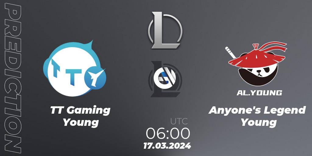 Pronósticos TT Gaming Young - Anyone's Legend Young. 17.03.2024 at 06:00. LDL 2024 - Stage 1 - LoL