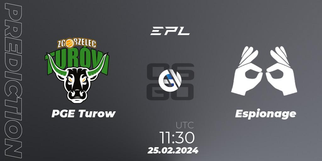 Pronósticos PGE Turow - Espionage. 25.02.2024 at 12:10. European Pro League Season 15: Division 2 - Counter-Strike (CS2)