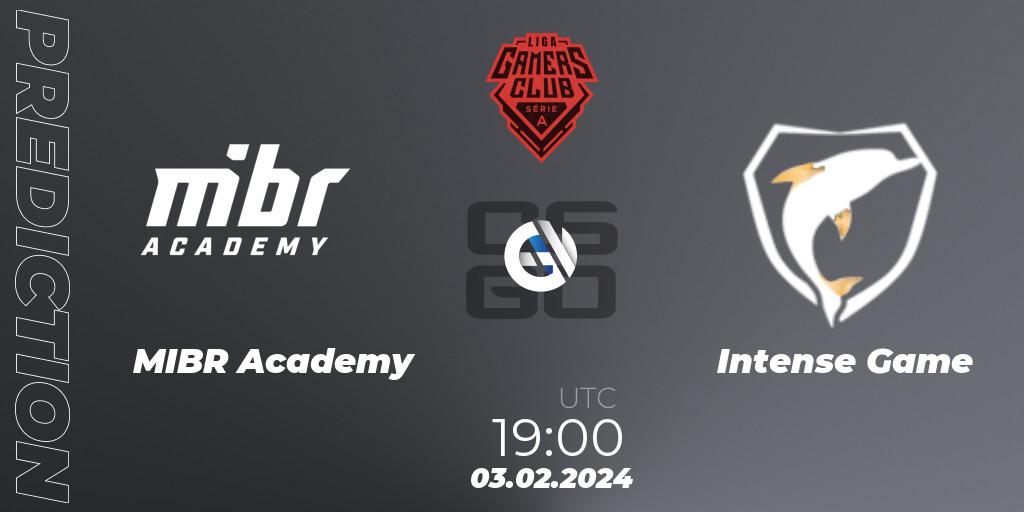 Pronósticos MIBR Academy - Intense Game. 03.02.2024 at 19:00. Gamers Club Liga Série A: January 2024 - Counter-Strike (CS2)