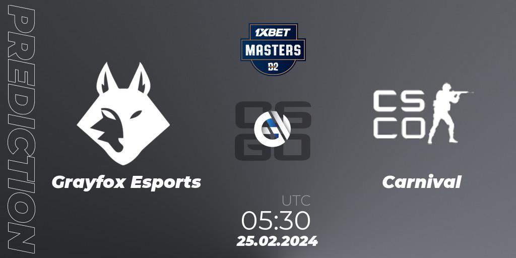 Pronósticos Grayfox Esports - Carnival Gaming. 25.02.2024 at 05:50. Dust2.in Masters #7 - Counter-Strike (CS2)