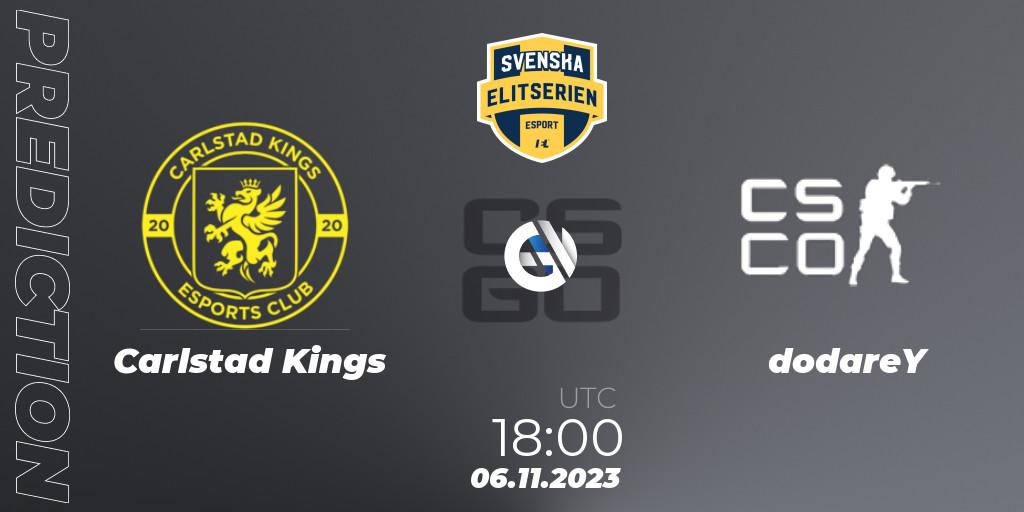 Pronósticos Carlstad Kings - dodareY. 06.11.2023 at 18:00. Svenska Elitserien Fall 2023: Online Stage - Counter-Strike (CS2)
