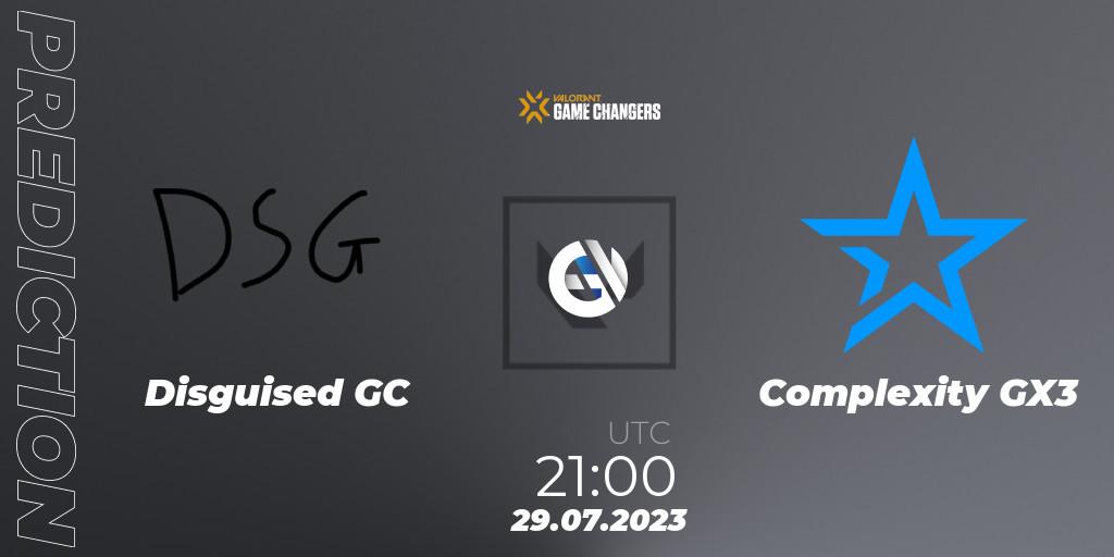 Pronósticos Disguised GC - Complexity GX3. 29.07.2023 at 21:10. VCT 2023: Game Changers North America Series S2 - VALORANT