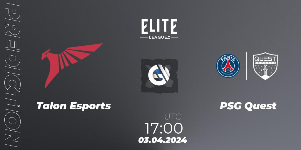 Pronósticos Talon Esports - PSG Quest. 03.04.2024 at 16:30. Elite League: Swiss Stage - Dota 2