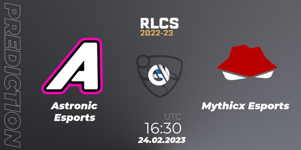 Pronósticos Astronic Esports - Mythicx Esports. 24.02.2023 at 16:30. RLCS 2022-23 - Winter: Sub-Saharan Africa Regional 3 - Winter Invitational - Rocket League
