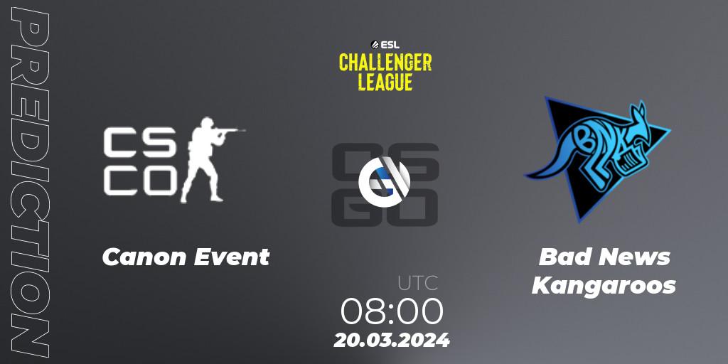 Pronósticos Canon Event - Bad News Kangaroos. 20.03.2024 at 07:50. ESL Challenger League Season 47: Oceania - Counter-Strike (CS2)