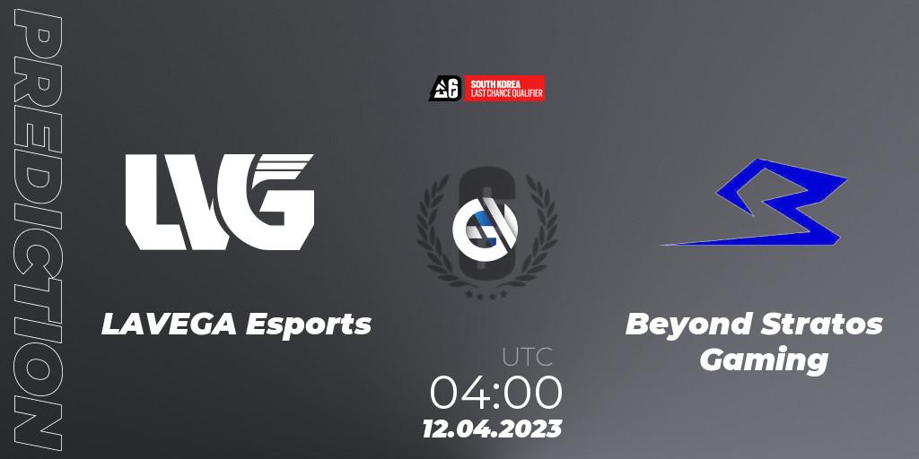 Pronósticos LAVEGA Esports - Beyond Stratos Gaming. 12.04.2023 at 04:00. South Korea League 2023 - Stage 1 - Last Chance Qualifiers - Rainbow Six