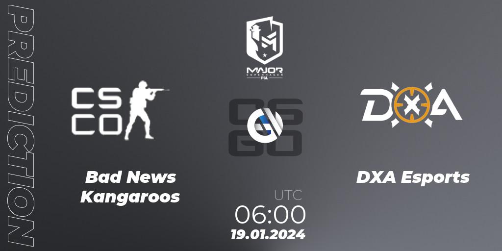 Pronósticos Bad News KangaroosN - DXA Esports. 19.01.2024 at 06:10. PGL CS2 Major Copenhagen 2024 Oceania RMR Closed Qualifier - Counter-Strike (CS2)