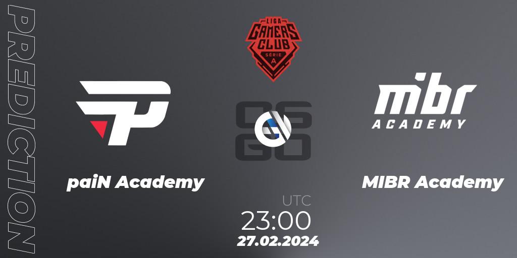 Pronósticos paiN Academy - MIBR Academy. 27.02.2024 at 23:00. Gamers Club Liga Série A: February 2024 - Counter-Strike (CS2)