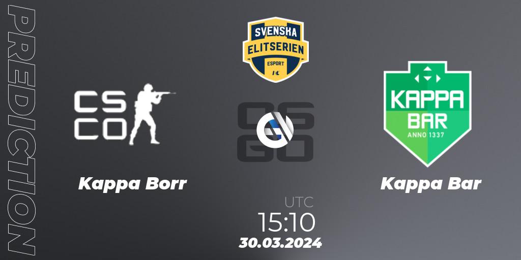 Pronósticos Kappa Borr - Kappa Bar. 27.03.2024 at 18:10. Svenska Elitserien Spring 2024 - Counter-Strike (CS2)