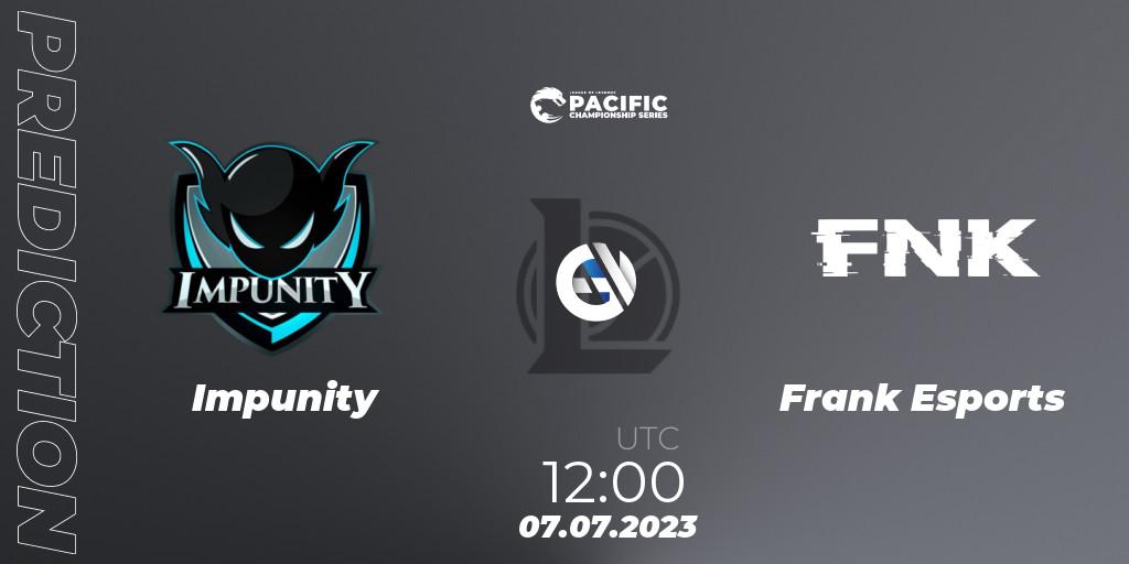 Pronósticos Impunity - Frank Esports. 07.07.2023 at 12:00. PACIFIC Championship series Group Stage - LoL