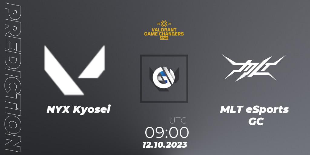 Pronósticos NYX Kyosei - MLT eSports GC. 12.10.2023 at 09:00. VCT 2023: Game Changers APAC Elite - VALORANT
