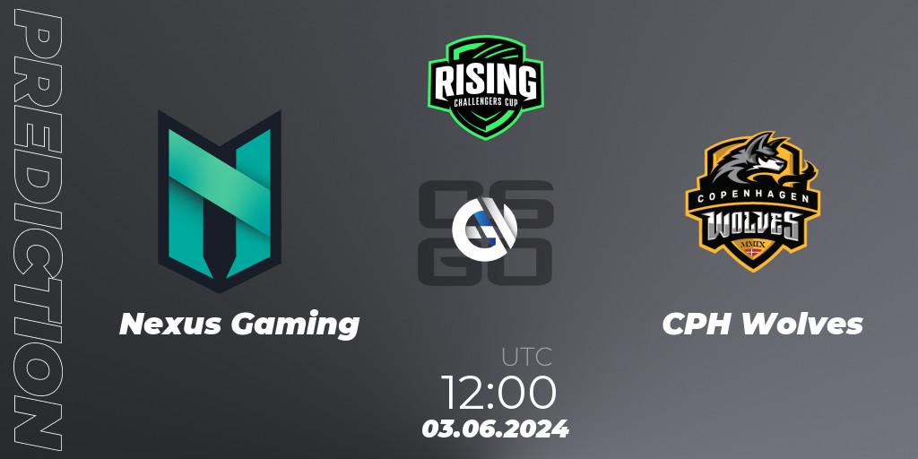 Pronósticos Nexus Gaming - CPH Wolves. 03.06.2024 at 12:00. Rising Challengers Cup #1 - Counter-Strike (CS2)