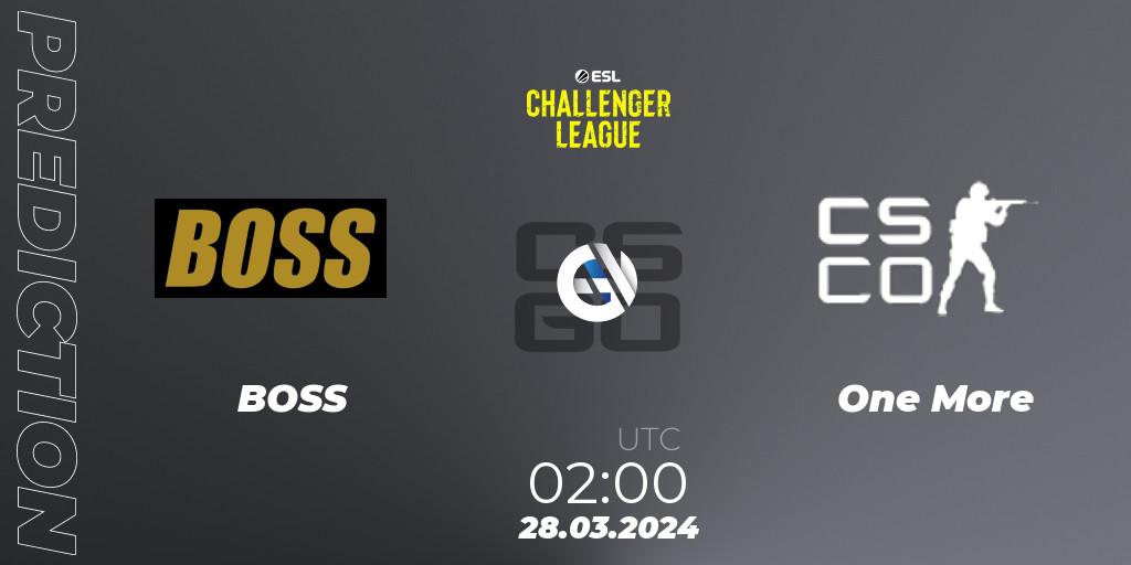 Pronósticos BOSS - One More. 28.03.2024 at 02:00. ESL Challenger League Season 47: North America - Counter-Strike (CS2)