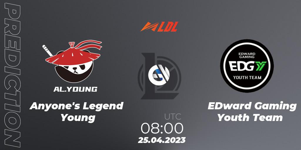 Pronósticos Anyone's Legend Young - EDward Gaming Youth Team. 25.04.2023 at 09:00. LDL 2023 - Regular Season - Stage 2 - LoL