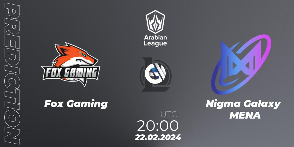Pronósticos Fox Gaming - Nigma Galaxy MENA. 22.02.2024 at 20:00. Arabian League Spring 2024 - LoL