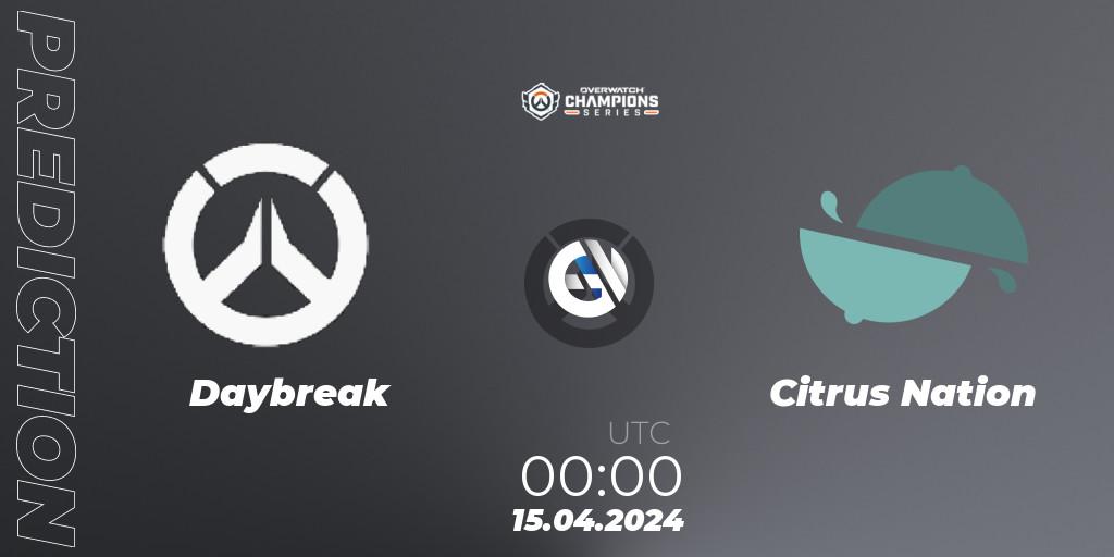 Pronósticos Daybreak - Citrus Nation. 15.04.2024 at 00:00. Overwatch Champions Series 2024 - North America Stage 2 Group Stage - Overwatch
