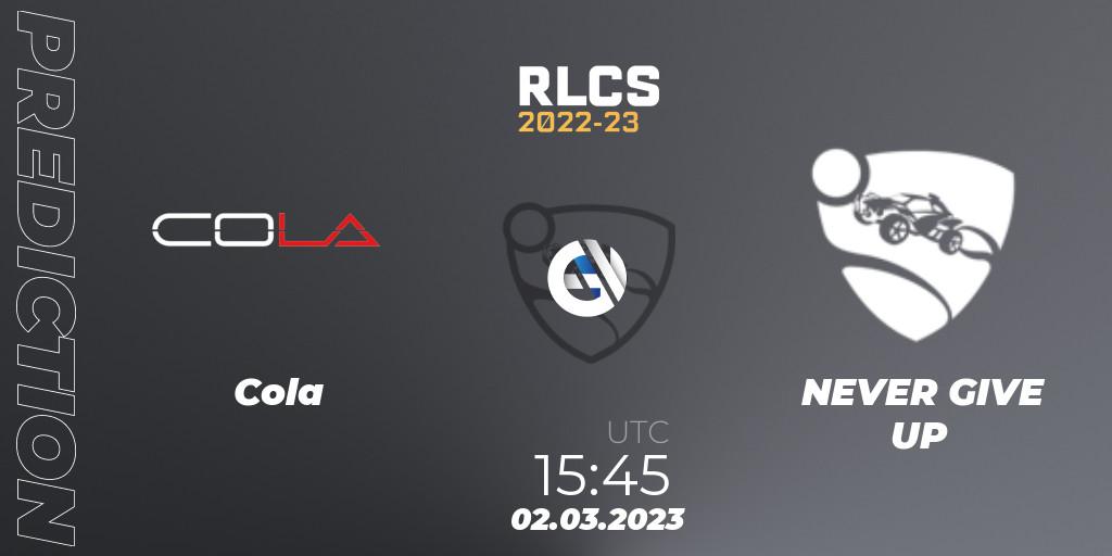 Pronósticos Cola - NEVER GIVE UP. 02.03.2023 at 15:45. RLCS 2022-23 - Winter: Middle East and North Africa Regional 3 - Winter Invitational - Rocket League