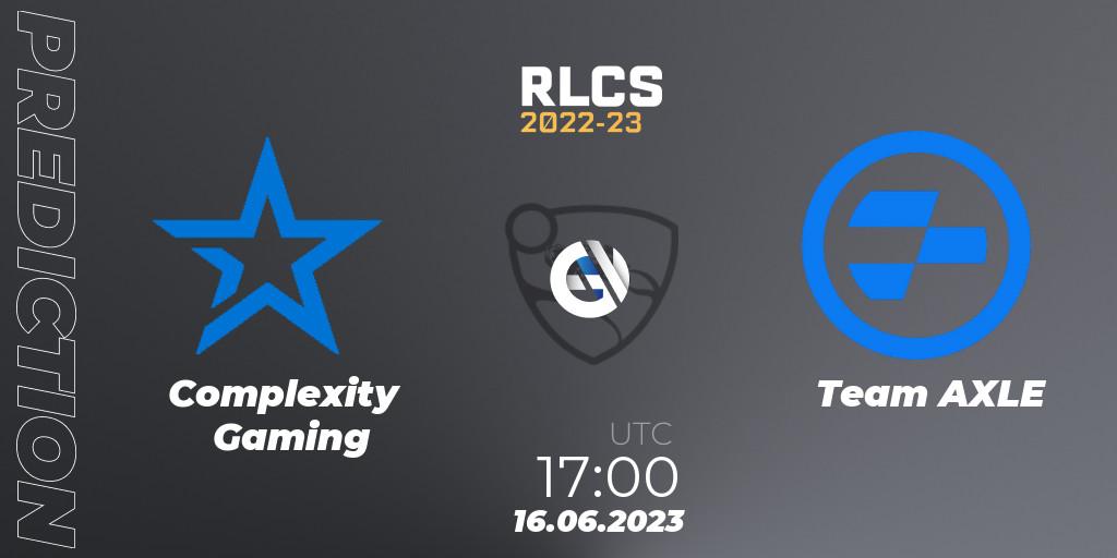 Pronósticos Complexity Gaming - Team AXLE. 16.06.2023 at 17:00. RLCS 2022-23 - Spring: North America Regional 3 - Spring Invitational - Rocket League