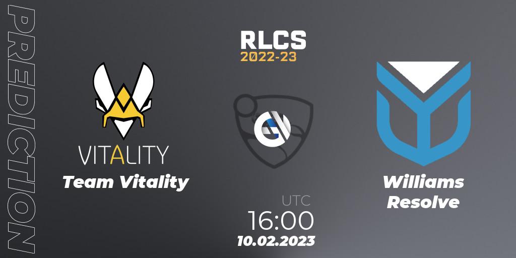 Pronósticos Team Vitality - Williams Resolve. 10.02.2023 at 16:00. RLCS 2022-23 - Winter: Europe Regional 2 - Winter Cup - Rocket League