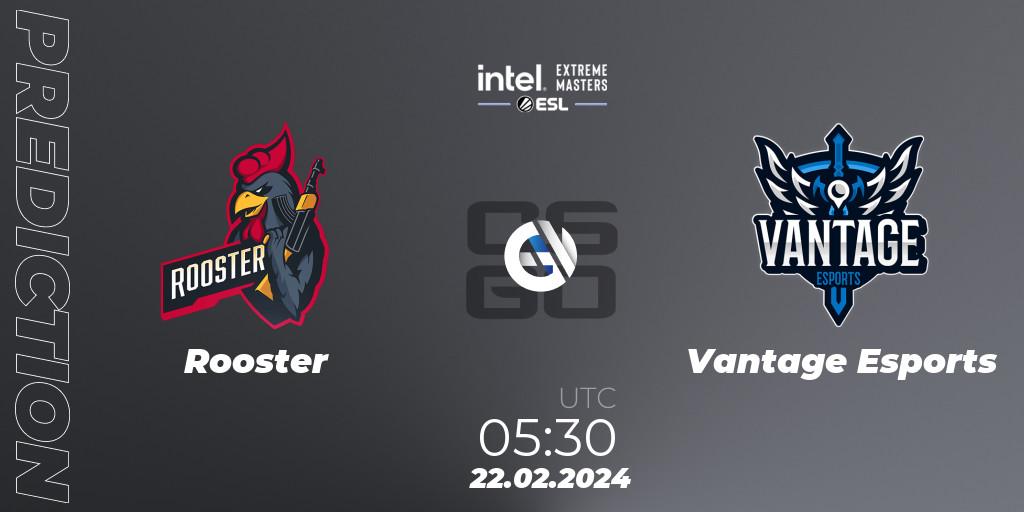 Pronósticos Rooster - Vantage Esports. 22.02.2024 at 05:30. Intel Extreme Masters Dallas 2024: Oceanic Closed Qualifier - Counter-Strike (CS2)
