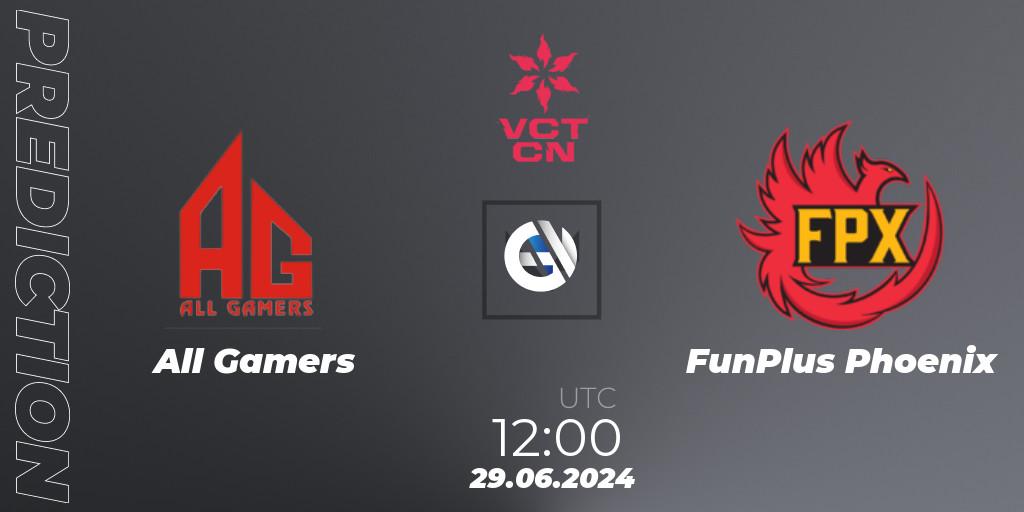 Pronósticos All Gamers - FunPlus Phoenix. 29.06.2024 at 12:00. VALORANT Champions Tour China 2024: Stage 2 - Group Stage - VALORANT
